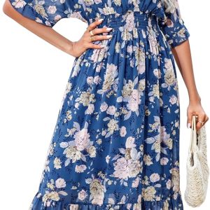Women's Spring Summer 2024 Floral Midi Dress A Line Chiffon Boho Dress Casual Short Sleeve Long Beach Dress