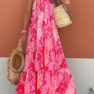 Women Summer Dresses 2024 Spaghetti Strap Scoop Neck Smocked Ruffle Flowy Boho Maxi Dress