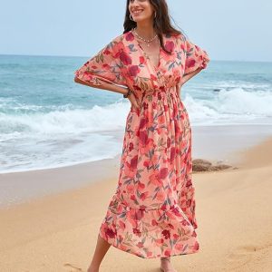 Women's Spring Summer 2024 Floral Midi Dress A Line Chiffon Boho Dress Casual Short Sleeve Long Beach Dress