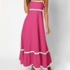 Women Summer Dresses 2024 Spaghetti Straps Sleeveless Smocked Rickrack Trim Boho Flowy Loose A-Line Midi Dress