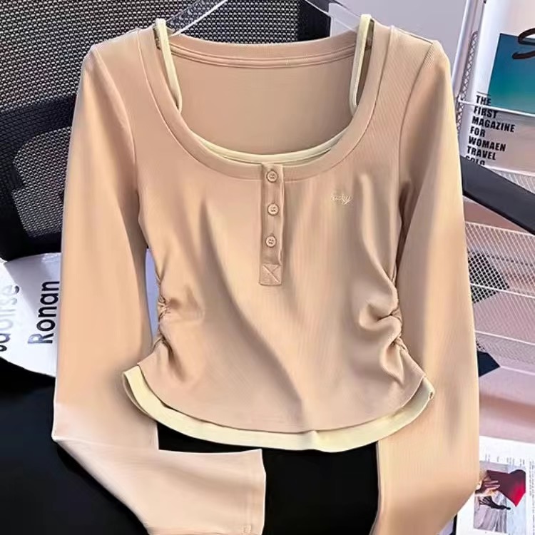 2024 Women's Pink Fake Two Piece Autumn Long Sleeve Top