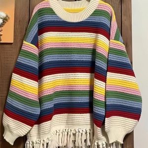 2024 Rainbow Stripe Long Sleeve Knitted Sweater