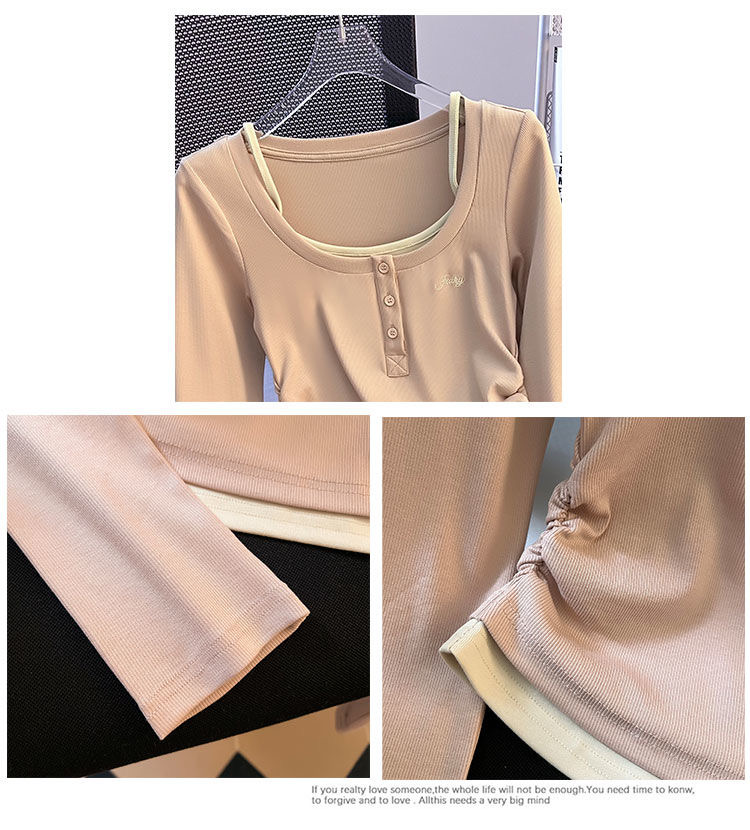 2024 Women's Pink Fake Two Piece Autumn Long Sleeve Top - Image 3