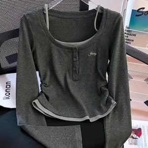 2024 Women's Dark Grey Fake Two Piece Autumn Long Sleeve Top